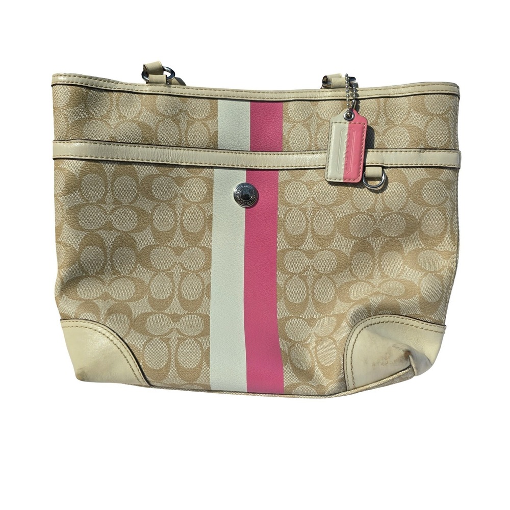 Coach Beige Signature Canvas Tote with Pink & White Stripe